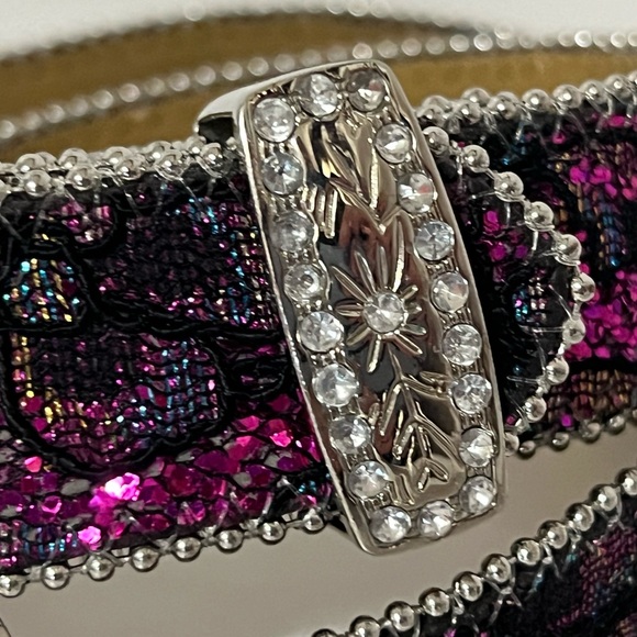 Nocona | Pink and Black Lace with Rhinestone Buckle Belt - Picture 3 of 9